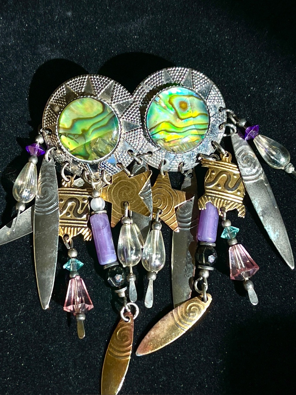Vintage Tabra Chandelier Earrings Abalone Purple Mixed Metals Unsigned